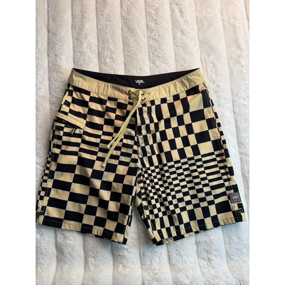Vans Men Checkered Board Shorts Skewed Swim Trunks Pale Banana Black 30